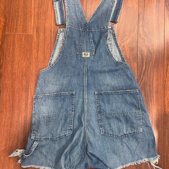 R13 Brindley Wash Distressed Denim Overall Shorts Size M | Frayed Hem - Picture 4 of 6